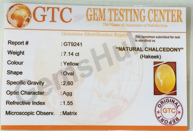 Natural Certified Yellow Hakik Stone, weight - 7.1
